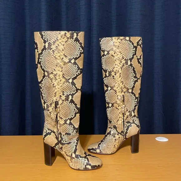 Tory Burch Pull-On Snake-Embossed Leather Knee-High Boot