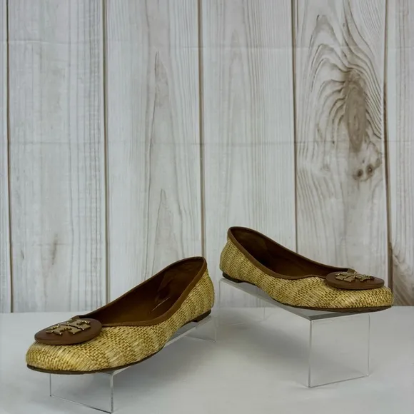 Tory Burch Reve Raffia Straw Flats Medallion Casual Shoes Natural Tan Size 10