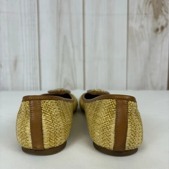 Tory Burch Reve Raffia Straw Flats Medallion Casual Shoes Natural Tan Size 10