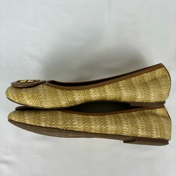 Tory Burch Reve Raffia Straw Flats Medallion Casual Shoes Natural Tan Size 10