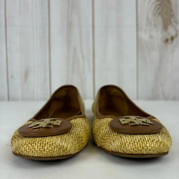 Tory Burch Reve Raffia Straw Flats Medallion Casual Shoes Natural Tan Size 10