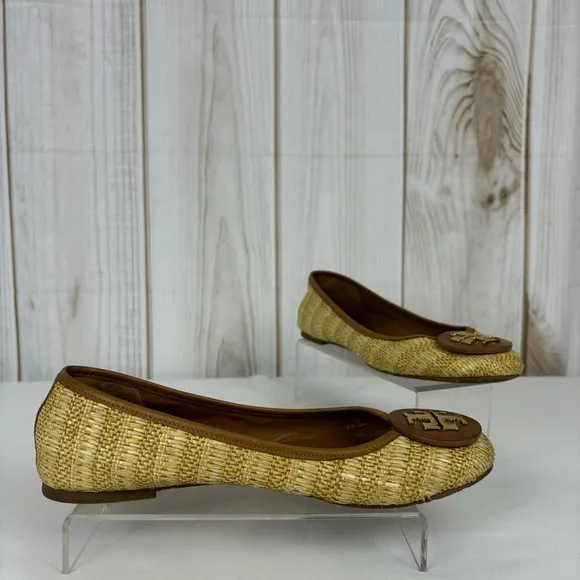Tory Burch Reve Raffia Straw Flats Medallion Casual Shoes Natural Tan Size 10