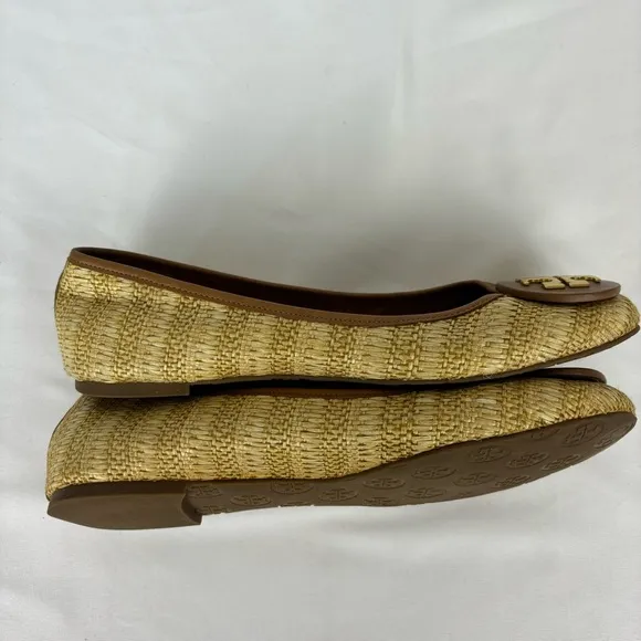 Tory Burch Reve Raffia Straw Flats Medallion Casual Shoes Natural Tan Size 10
