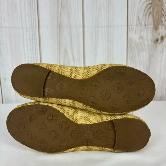 Tory Burch Reve Raffia Straw Flats Medallion Casual Shoes Natural Tan Size 10