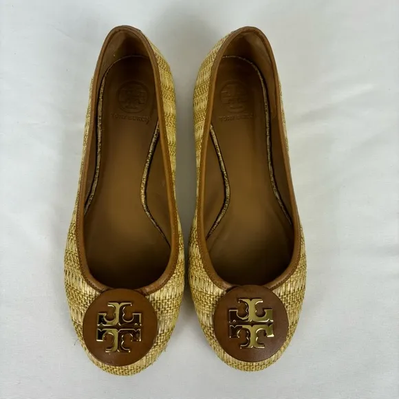 Tory Burch Reve Raffia Straw Flats Medallion Casual Shoes Natural Tan Size 10