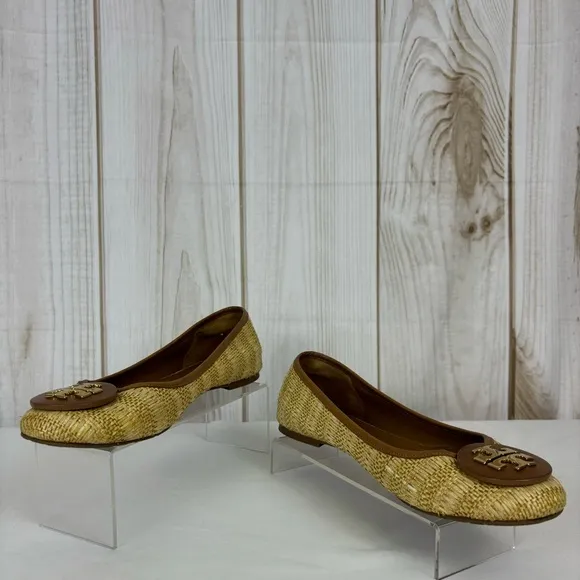 Tory Burch Reve Raffia Straw Flats Medallion Casual Shoes Natural Tan Size 10