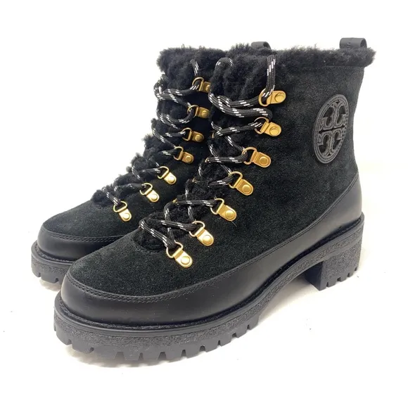 Tory Burch Thea Suede and Shearling Black Women's Boots.  Size 7M.  Lug Sole.