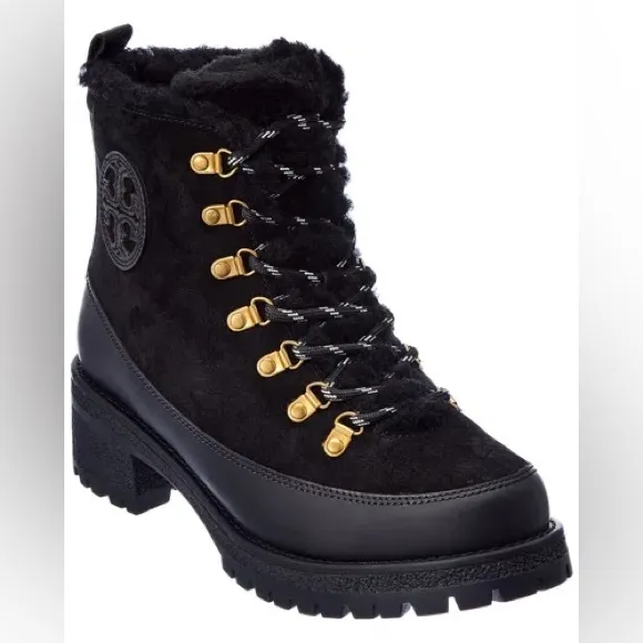 Tory Burch Thea Suede and Shearling Black Women's Boots.  Size 7M.  Lug Sole.
