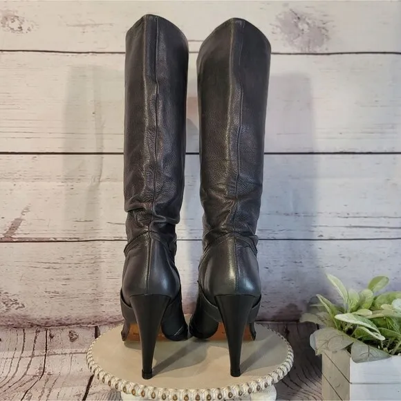 True Religion Women's Charcoal Gray Below The Knee Design &amp; Stiletto Heel Boots