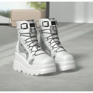 Tscoyuki Platform White &amp; Black Ankle Boots for Women Chunky High Heel Booties G