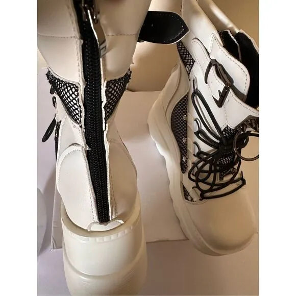 Tscoyuki Platform White &amp; Black Ankle Boots for Women Chunky High Heel Booties G