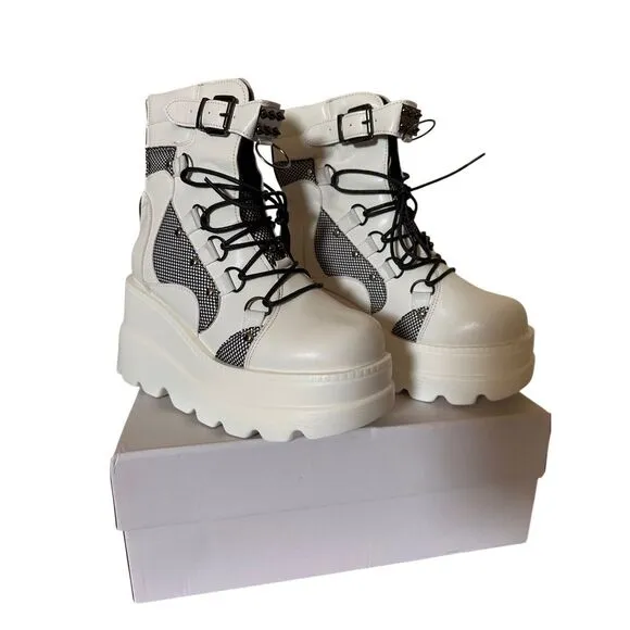 Tscoyuki Platform White &amp; Black Ankle Boots for Women Chunky High Heel Booties G
