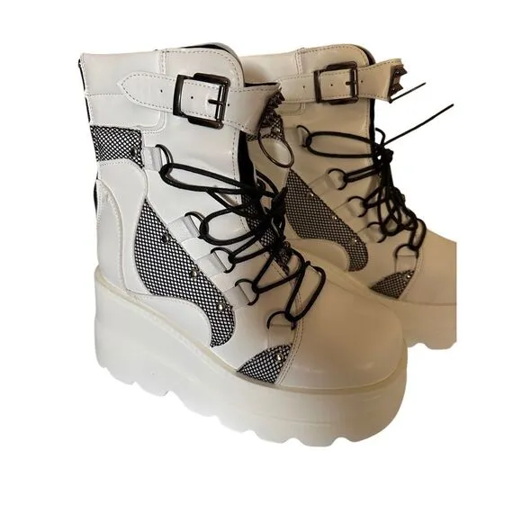 Tscoyuki Platform White &amp; Black Ankle Boots for Women Chunky High Heel Booties G