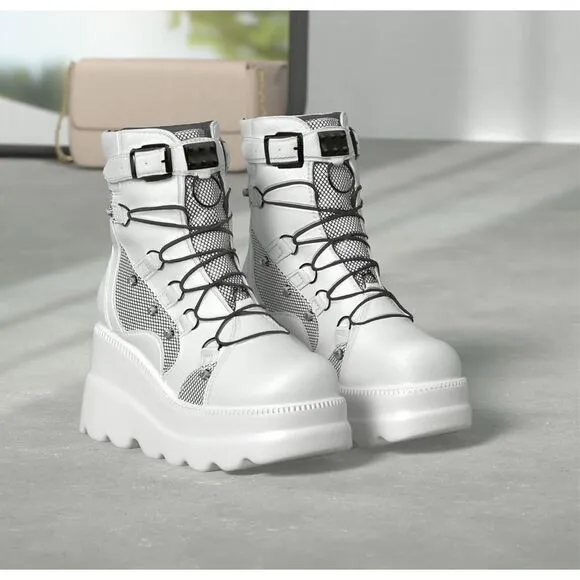 Tscoyuki Platform White &amp; Black Ankle Boots for Women Chunky High Heel Booties G