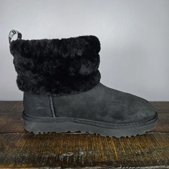 UGG Classic Mini Fluff Quilted Womens Size 6 Slip On Boots Shoes Black Fur Lined
