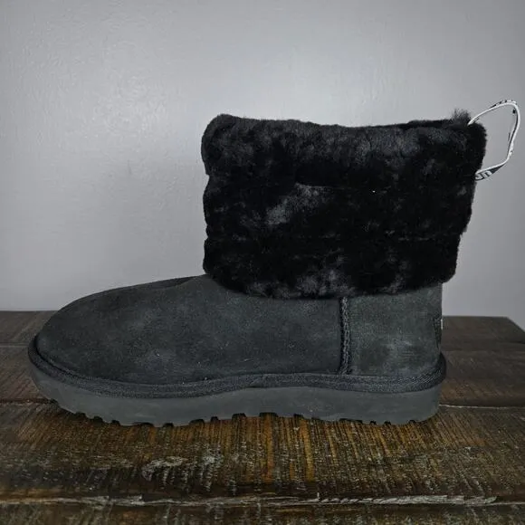 UGG Classic Mini Fluff Quilted Womens Size 6 Slip On Boots Shoes Black Fur Lined