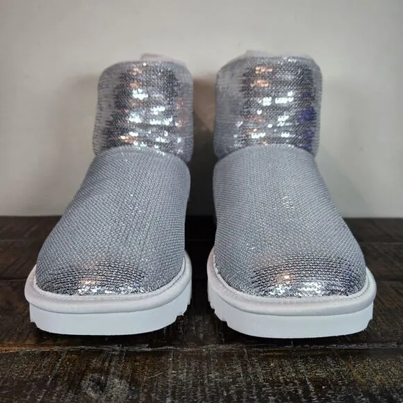 UGG Classic Mini Mirror Ball Womens Size 7 Slip On Shoes Boots Silver