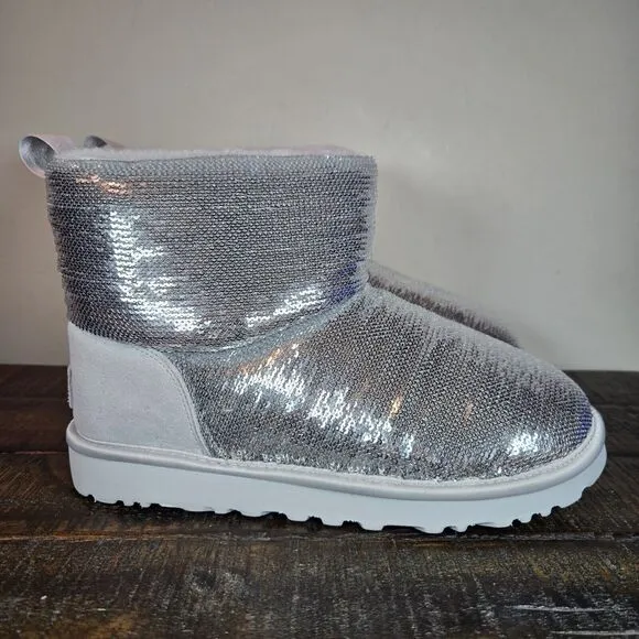 UGG Classic Mini Mirror Ball Womens Size 7 Slip On Shoes Boots Silver