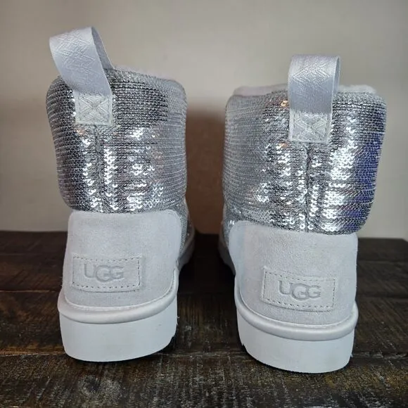 UGG Classic Mini Mirror Ball Womens Size 7 Slip On Shoes Boots Silver