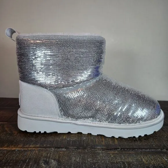 UGG Classic Mini Mirror Ball Womens Size 7 Slip On Shoes Boots Silver