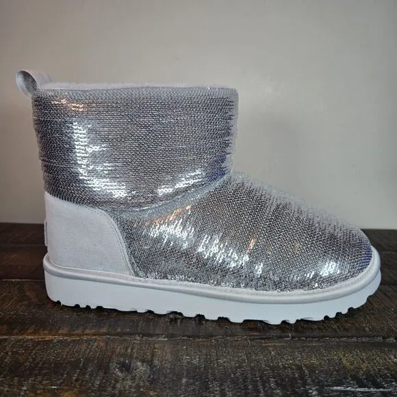 UGG Classic Mini Mirror Ball Womens Size 7 Slip On Shoes Boots Silver