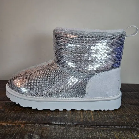 UGG Classic Mini Mirror Ball Womens Size 7 Slip On Shoes Boots Silver