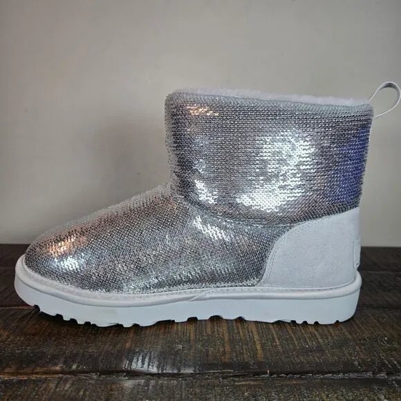 UGG Classic Mini Mirror Ball Womens Size 7 Slip On Shoes Boots Silver