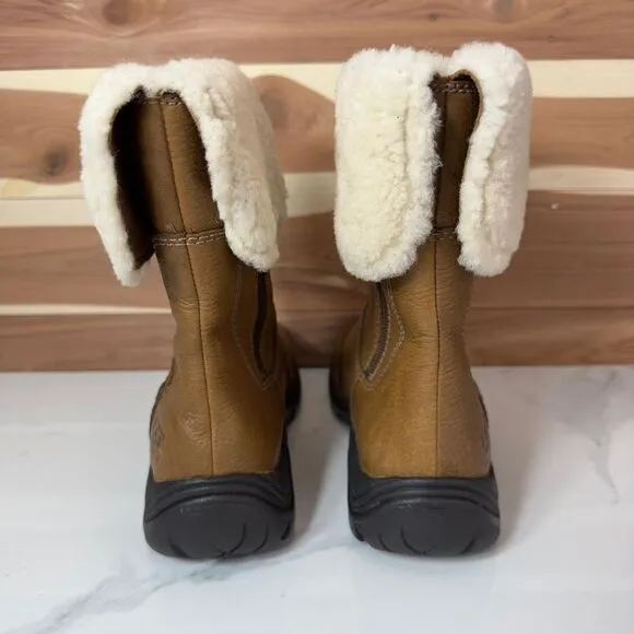 Ugg Classic Women Camel Leather Short Boots Lined Sheepskin Faux Fur Size 5