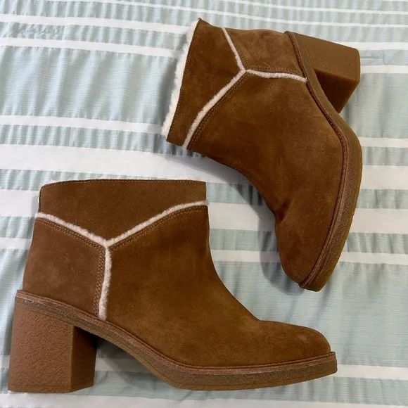 UGG Kasen II Suede And Sheepskin Block Heel Booties Chestnut Tan Women's Size 9