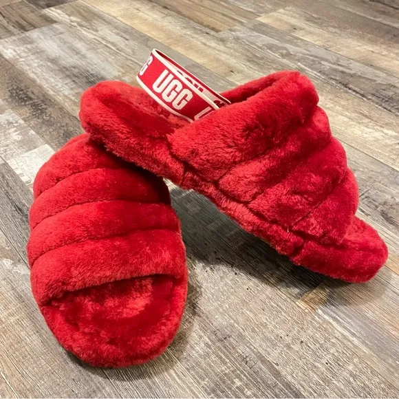 UGG KIDS FLUFF YEAH SLIDE ON GRADE SCHOOL LIFESTYLE SANDALS Red Ribbon, Size 6