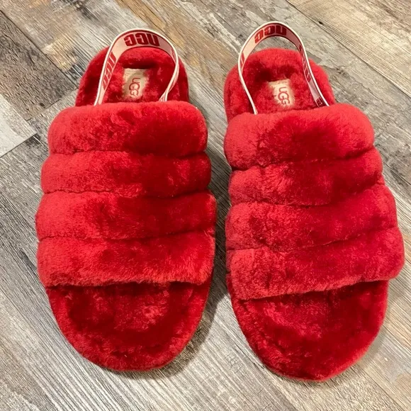 UGG KIDS FLUFF YEAH SLIDE ON GRADE SCHOOL LIFESTYLE SANDALS Red Ribbon, Size 6