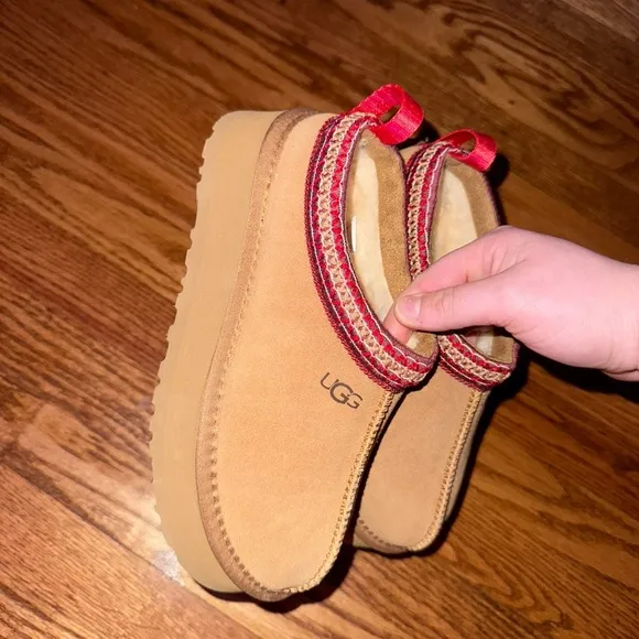 UGG Kids Tan Slip-On Shoes with Red Accents