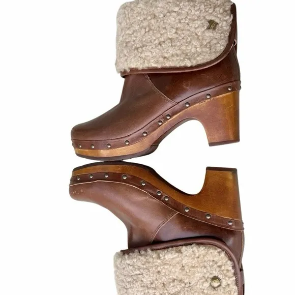 UGG Leather Ankle Booties Boots LYNNEA Wood Heel Shearling Lined Women Size 5