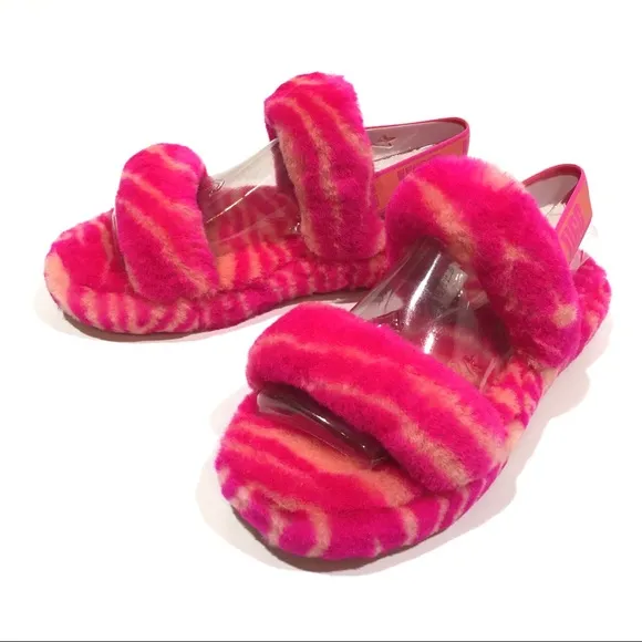 UGG Oh Yeah Zebra Sandal Slipper -Rock Rose Fur -Youth US 4 -NEW
