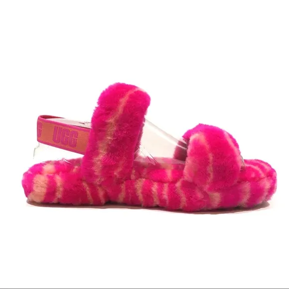 UGG Oh Yeah Zebra Sandal Slipper -Rock Rose Fur -Youth US 4 -NEW