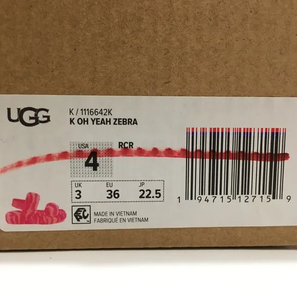 UGG Oh Yeah Zebra Sandal Slipper -Rock Rose Fur -Youth US 4 -NEW
