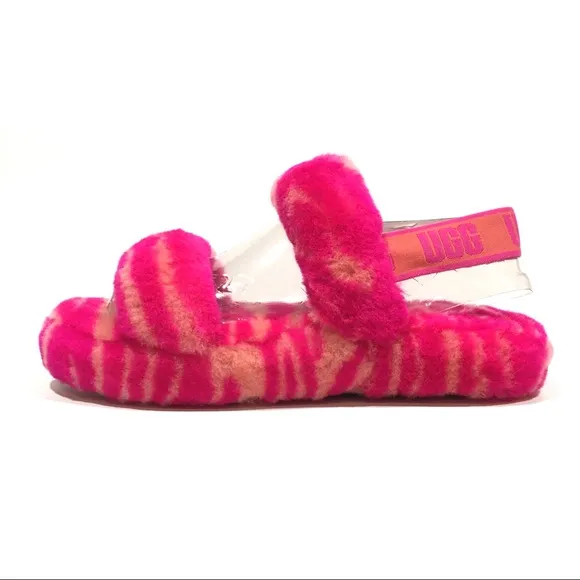 UGG Oh Yeah Zebra Sandal Slipper -Rock Rose Fur -Youth US 4 -NEW