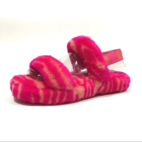 UGG Oh Yeah Zebra Sandal Slipper -Rock Rose Fur -Youth US 4 -NEW