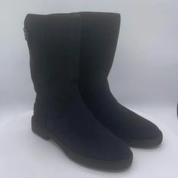 UGG ROMELY BLACK SUEDE WITH A LEATHER STRAP ATOUND CALF SIZE EU 37/US 6 NEW
