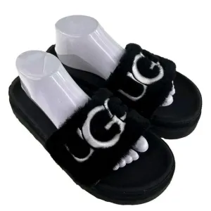 UGG WOMEN'S LATON PLATFORM SHOES US 10 SHEARLING SLIDE SANDALS BLACK OPEN-TOE