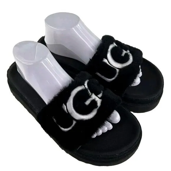 UGG WOMEN'S LATON PLATFORM SHOES US 10 SHEARLING SLIDE SANDALS BLACK OPEN-TOE