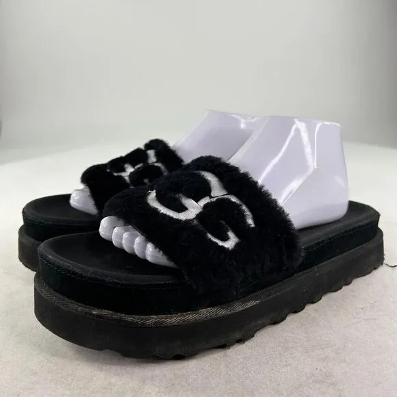 UGG WOMEN'S LATON PLATFORM SHOES US 10 SHEARLING SLIDE SANDALS BLACK OPEN-TOE