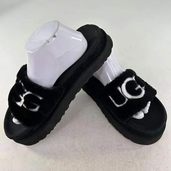 UGG WOMEN'S LATON PLATFORM SHOES US 10 SHEARLING SLIDE SANDALS BLACK OPEN-TOE