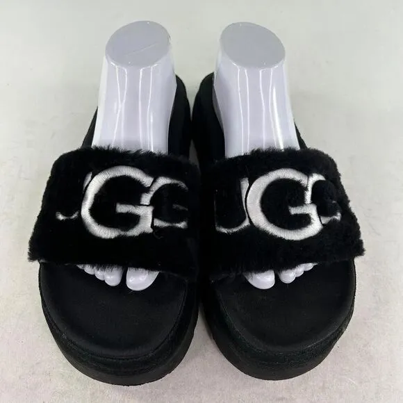 UGG WOMEN'S LATON PLATFORM SHOES US 10 SHEARLING SLIDE SANDALS BLACK OPEN-TOE