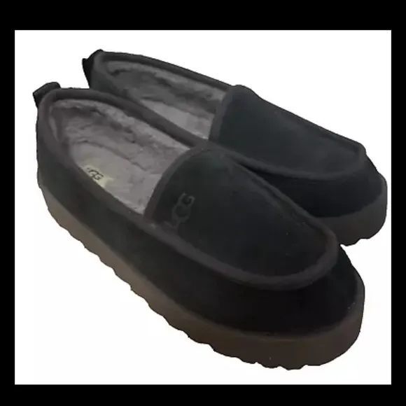 UGG Women's Super Moc Slipper Suede Black Platform Shoes Size 8