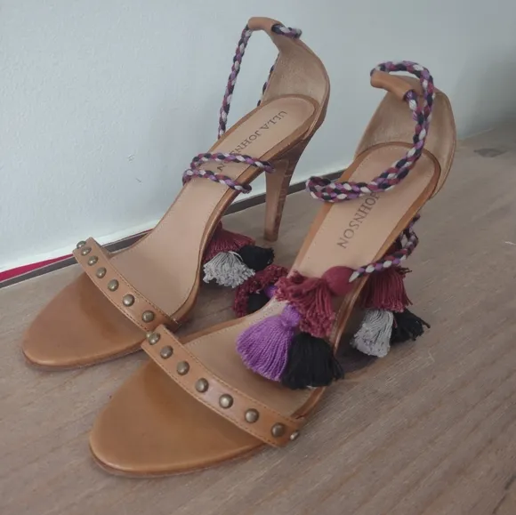 Ulla Johnson tassel pom pom tie up studded tan leather heeled sandals 40/ 9.5