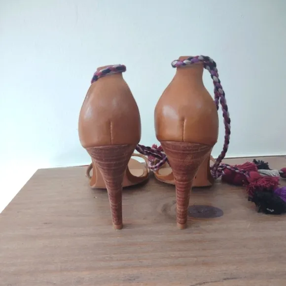 Ulla Johnson tassel pom pom tie up studded tan leather heeled sandals 40/ 9.5
