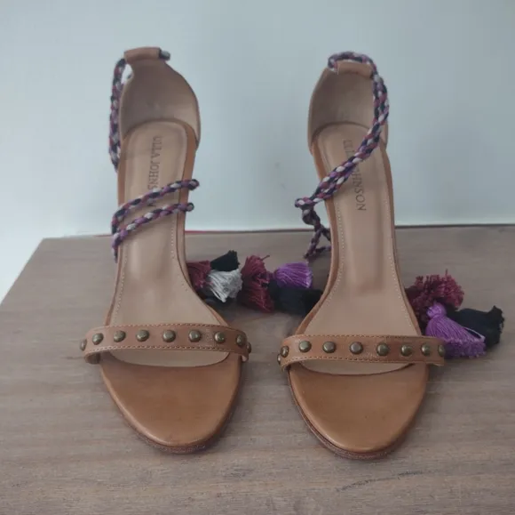 Ulla Johnson tassel pom pom tie up studded tan leather heeled sandals 40/ 9.5