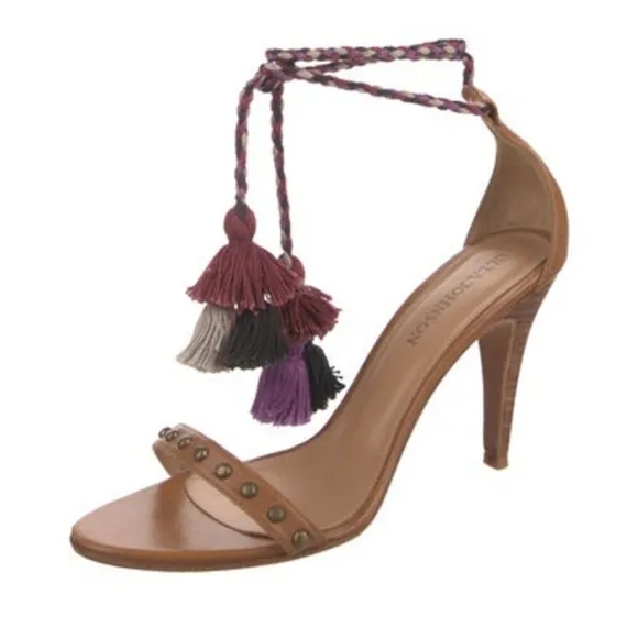 Ulla Johnson tassel pom pom tie up studded tan leather heeled sandals 40/ 9.5