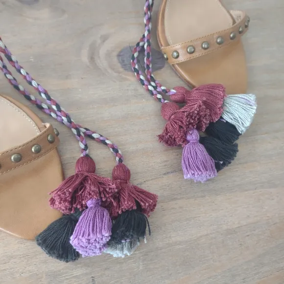 Ulla Johnson tassel pom pom tie up studded tan leather heeled sandals 40/ 9.5